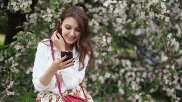 Woman Standing On The Meadow At The Blooming Tree , Using Smartphone