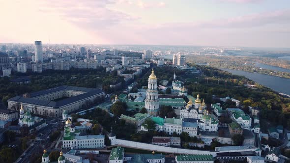 Aerial view of ancient Kyiv Pechersk Lavra, a historic Orthodox Christian monastery