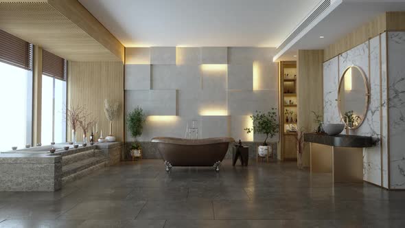 Elegant Modern Bathroom Interior With Marble Flooring, Brown Bathtub and Sink On Countertop