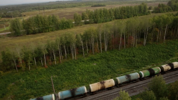 Aerial View Train With Cargo Carriages