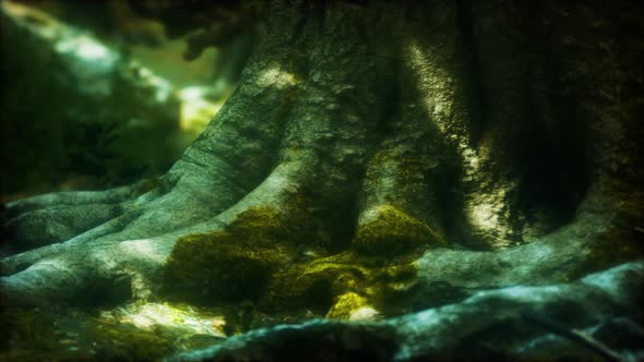 Tree with Moss on Roots in a Green Forest