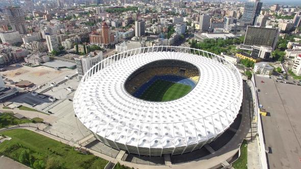 Camera Flying Over Stadium Arena