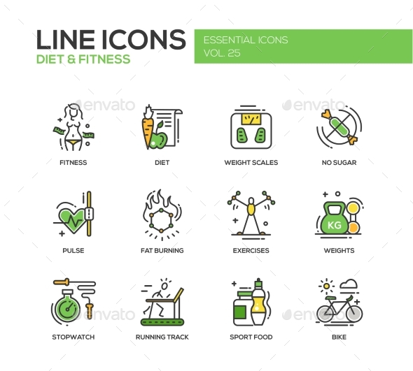 Diet and Fitness - Line Design Icons Set