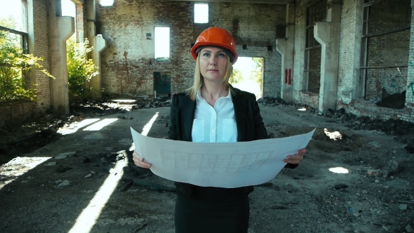 Architect Builder Engineer Builder Of Ruined Building Looking Girl Work Plan For The Construction