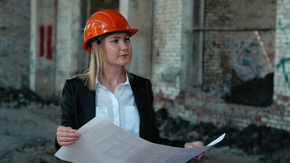 Architect Builder Engineer Builder Of Ruined Building Looking Girl Work Plan For The Construction