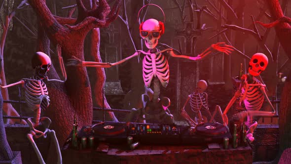 Skeleton DJ in a graveyard party