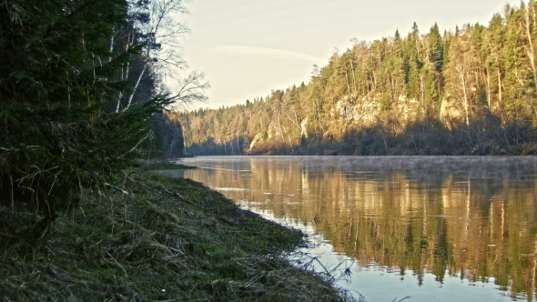 Veiw Of Mountain Misty River Landscape Of Chusovaya River In Siberia, Ural, Russia