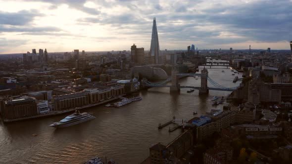 Aerial View to the Beautiful Tower Bridge and the Skyline of London