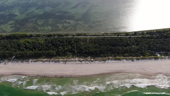 Aerial view of cars on Hel peninsula at the Baltic Sea in Poland, Europe