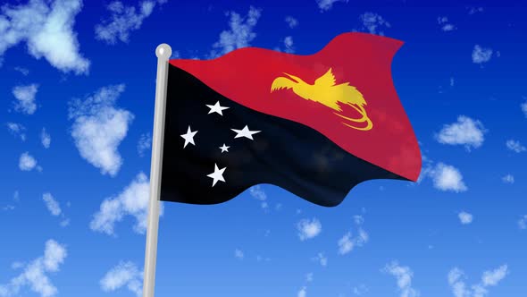 Papua New Guinea National Flag Flying Wave In The Sky With Clouds