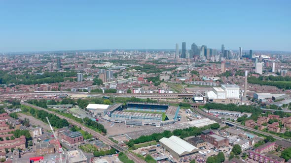 Circling Drone shot of Millwall FC Bermondsy stadium London sunny day