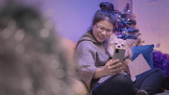 working at home asian female woman working with hand use laptop while cuddle play with lap dog