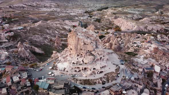 Drone Footage of Uchisar Castle with Fairy Chimneys and Caves Located in Ancient City