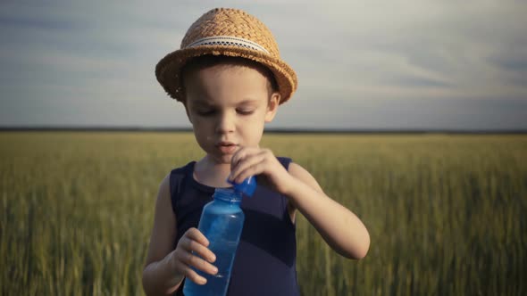 Little Boy Blowing Soap Bubbles in Summer Field Background