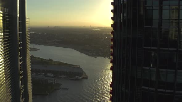 Drone Panning Right Close Up Of City Skyscrapers