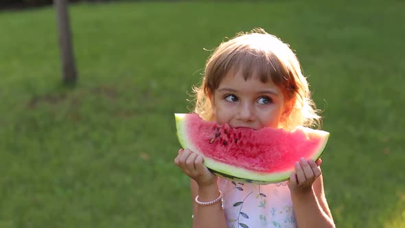 Portrait of Happy Little Girl with Watermelon in Summer Sunny Park