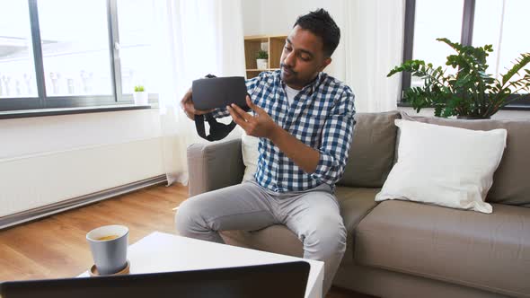 Male Blogger with Vr Glasses Videoblogging at Home 71