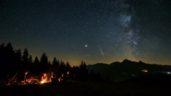 Friends Sitting over Campfire in Starry Night with Milky Way