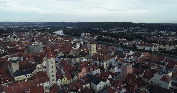 Beautiful drone video above downtown of bavarian Regensburg