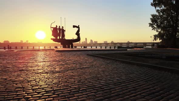 Kyiv, Ukraine - a Monument To the Founders of the City in the Morning at Dawn. Aerial