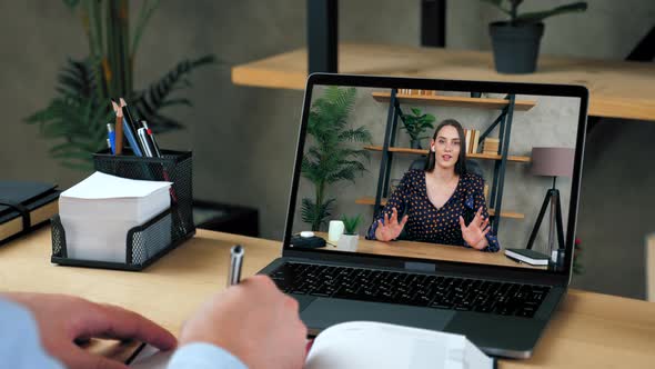 Woman teacher in laptop screen talk teaches by remote webcam, distance education