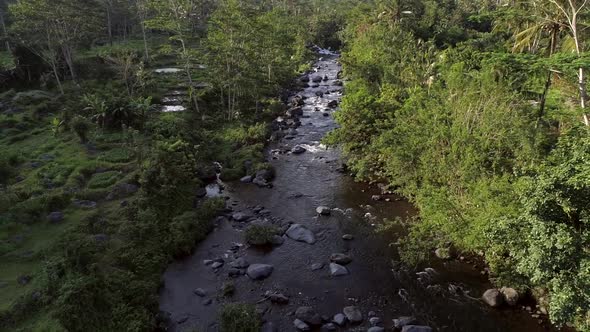 Aerial view of river flowing between tropical forest, Indonesia.