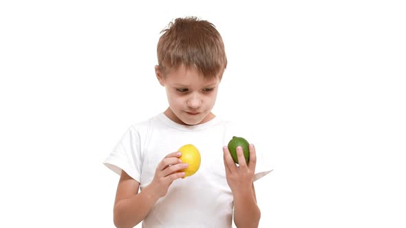 Concentrated Young Caucasian Boy Carefully Looking at Lemon and Lime at His Hands and Then Drawing