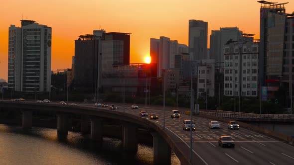 Seoul City Traffic Sky Sun Descent