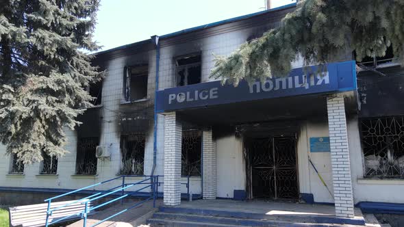 War in Ukraine  the Destroyed and Burned Building of the Police Station in Borodyanka Kyiv Region