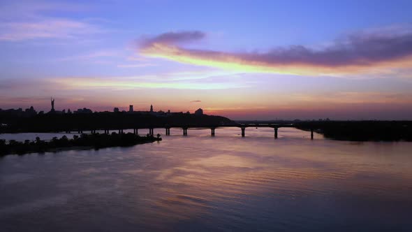 Landscape with City River and Evening Twilight Sky