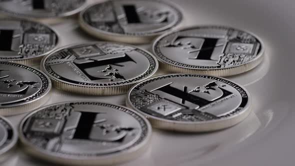 Rotating shot of Litecoin Bitcoins 