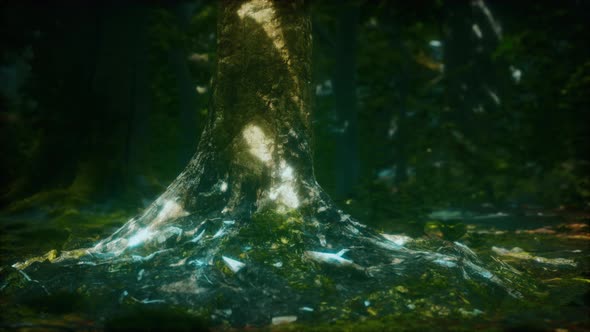 Old Trees with Lichen and Moss in Green Forest