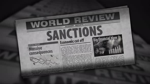Sanctions, economy blockade, politics and embargo news retro newspaper printing press