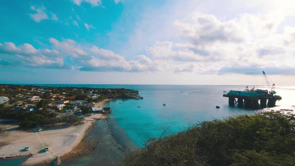 View of beach and oil platform at Boka Sami, Curacao