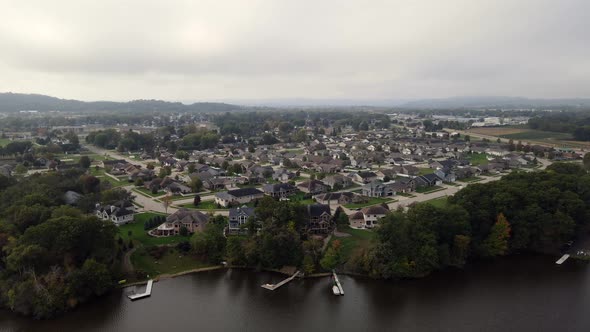 Aerial view of residential neighborhood on edge of lake in western Wisconsin.
