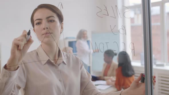 Mixed-race Attractive Businesswoman Drawing on Glass Wall