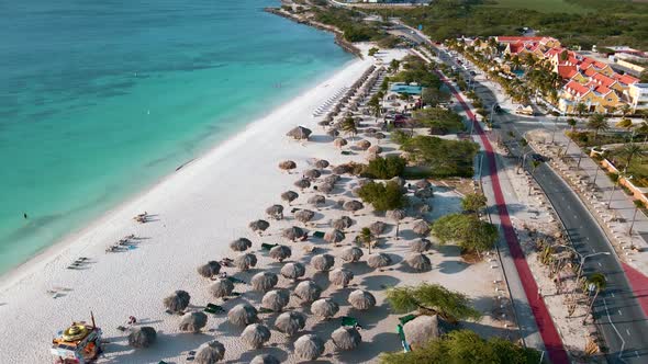 Aerial From Eagle Beach on Aruba in the Caribbean Bird Ey View at the Beach with Umbrella at Aruba