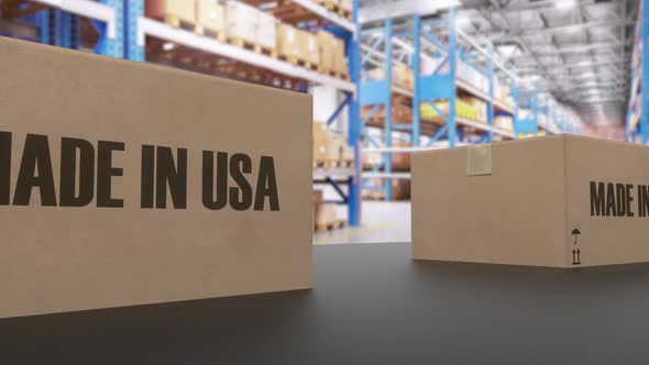 Boxes with MADE IN USA Text on Roller Conveyor