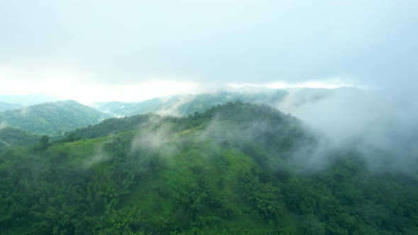 4K Aerial Drone shot flying over beautiful mountain ridge in rural jungle bush forest.