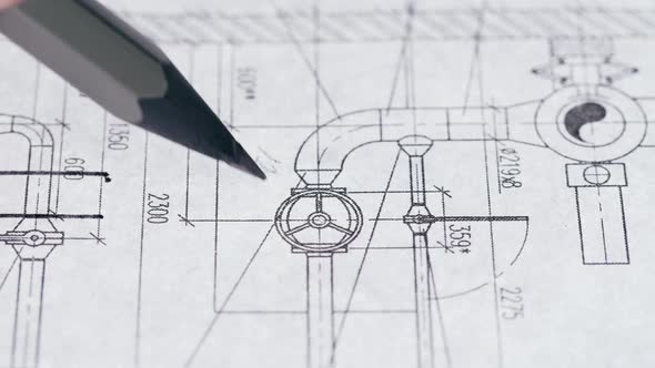 Drawing Line with Pencil and Ruler Plan Blueprint Closeup