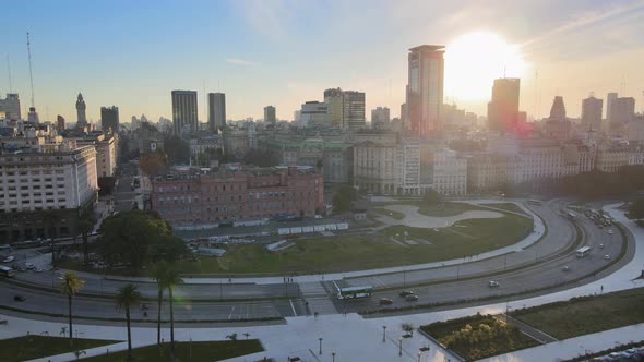 Aerial pan of road traffic and Buenos Aires Skyline from Puerto Madero