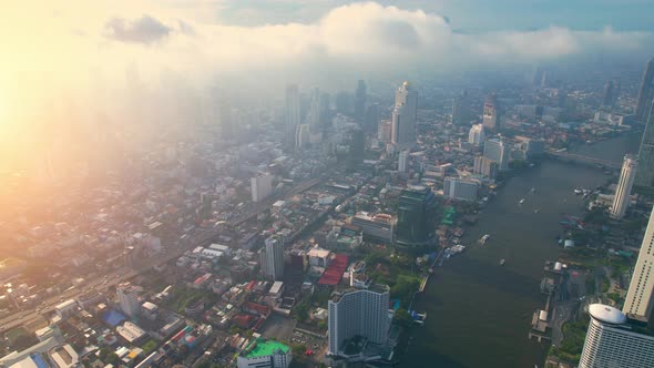 4K UHD : Bangkok River drone view. Flying over the Chao Phraya River