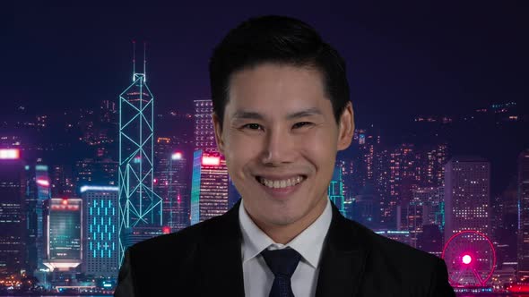 Asian businessman wearing protective mask with hong kong city background.