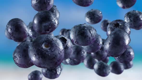 Flying of Blueberries in Sky Background