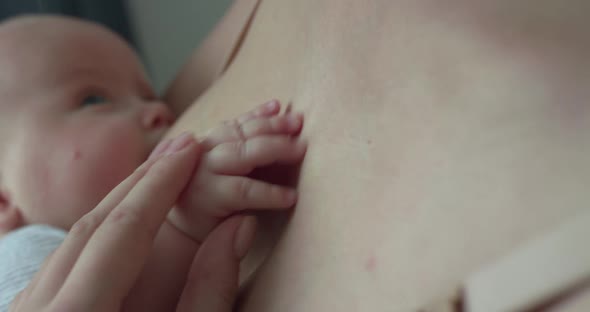 Mom Caresses Her Baby's Little Palm at Chest During Breastfeeding in Room