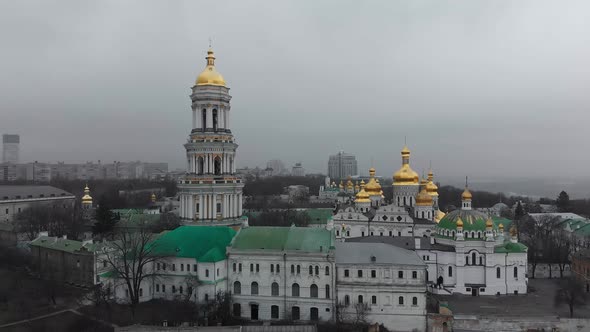 Aerial Top View of Kiev Pechersk Lavra Churches on Hills From Above, Kyiv City, Ukraine.