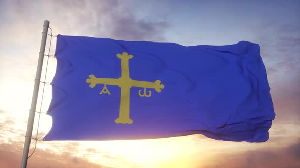 Asturian Flag Spain Waving in the Wind Sky and Sun Background