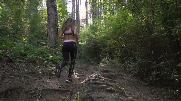 Attractive Athletic Young Woman Running Jogging In The Forest. Physical Workout in the Morning