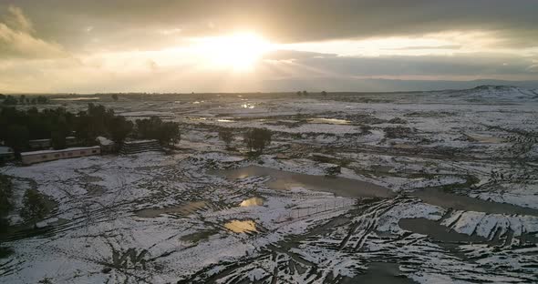 Aerial view of a dry vineyard in the snow, Golan Heights, Israel.