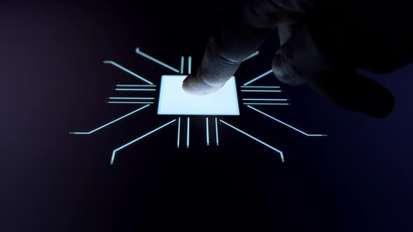 Human finger is pressing a digital button on a glowing touchscreen.